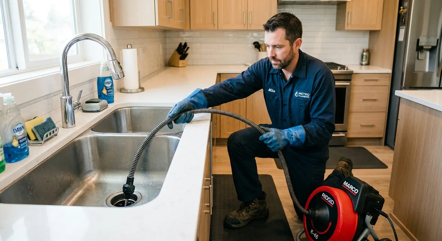 Drain cleaning technician using a motorized snake on a kitchen sink in Hitchcock