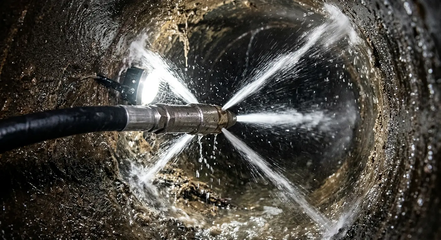 High-pressure hydro jetting nozzle cleaning sewer pipe for Emergency Drain Service in Hitchcock