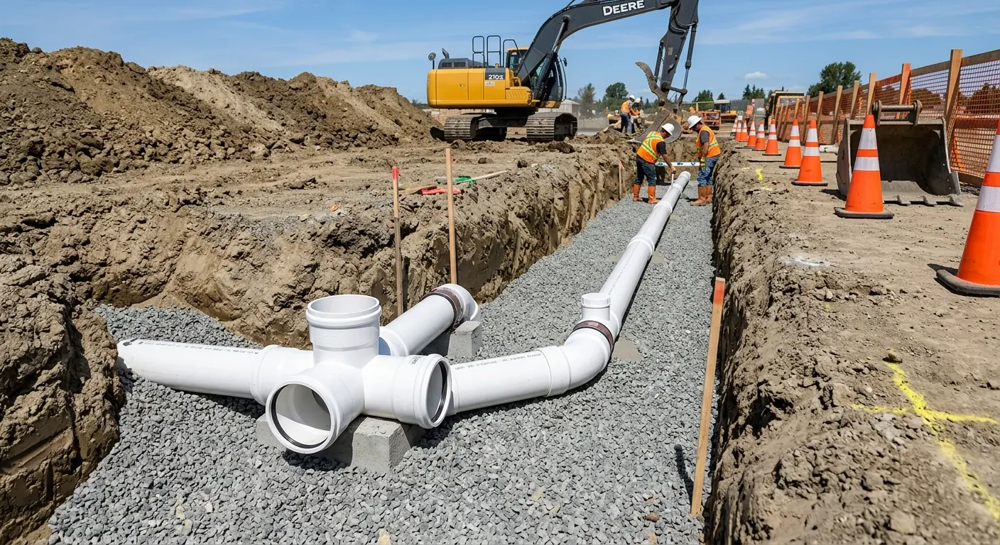 New PVC sewer pipe installation in open trench for Grease Trap Cleaning in Hitchcock