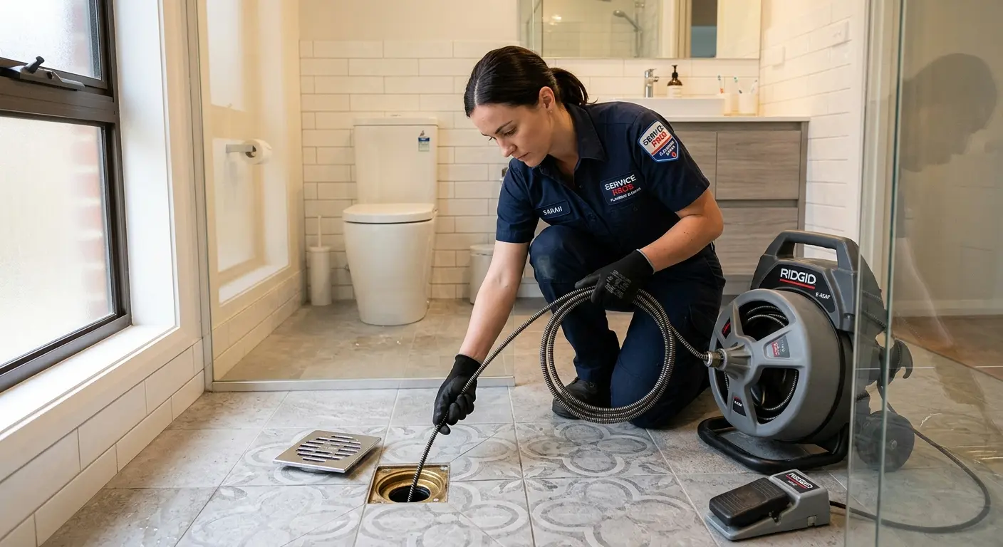 Technician clearing a bathroom floor drain for Clogged Drain Repair in Hitchcock